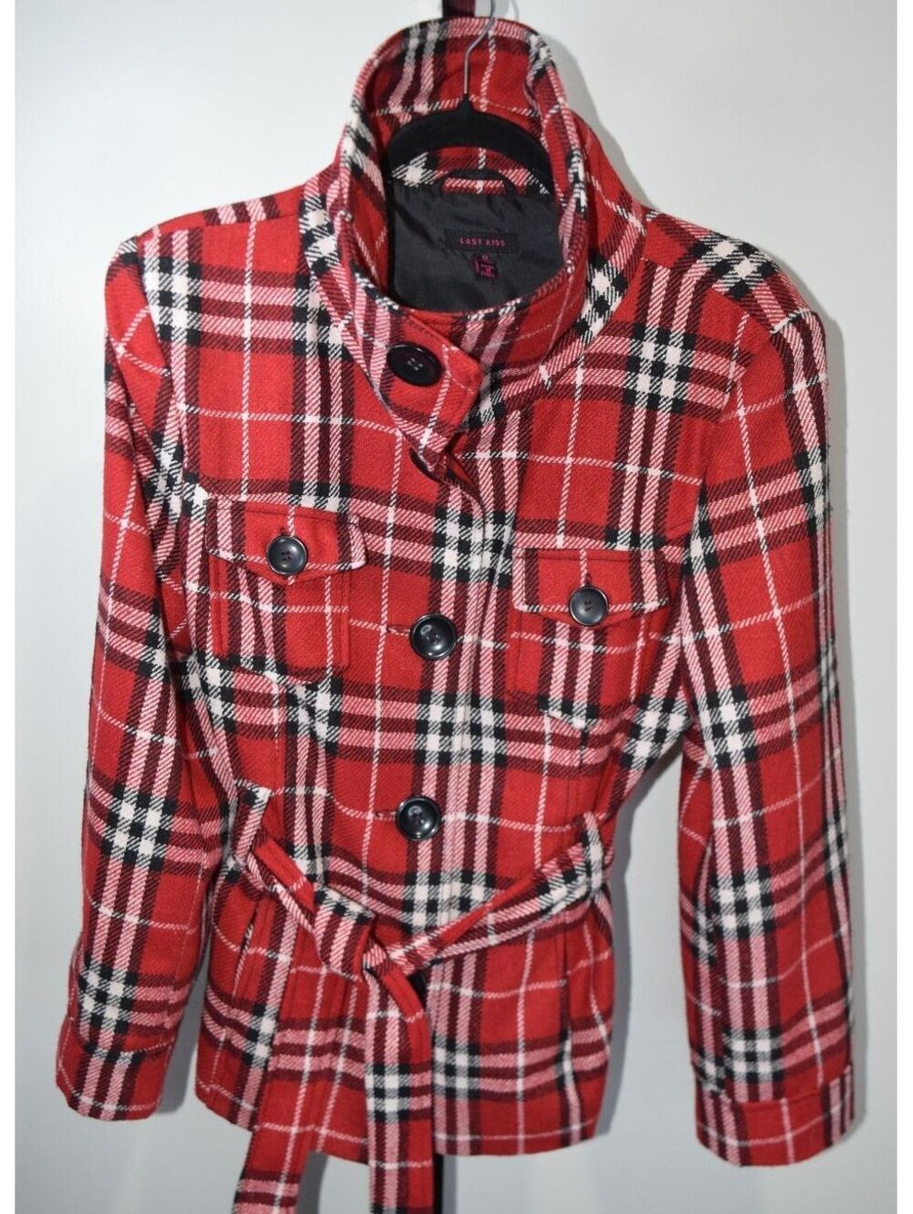 Last Kiss Red Black Plaid Belted Jacket Button Front Sz XL